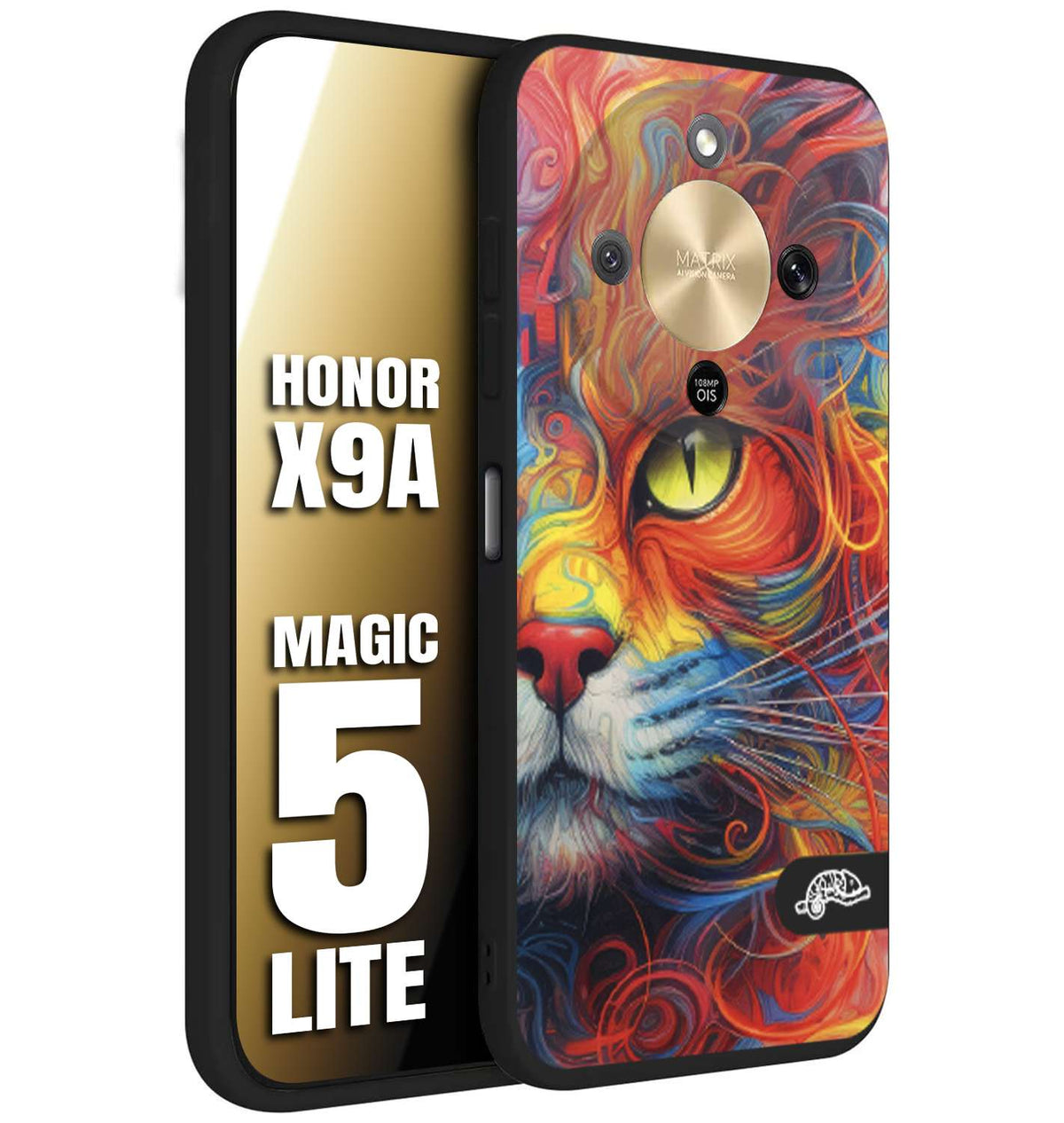 CUSTOMIZZA - Custodia cover nera morbida in tpu compatibile per Honor X9A - Honor Magic 5 Lite animali color cat gatto viso colori vibranti disegnato schizzo