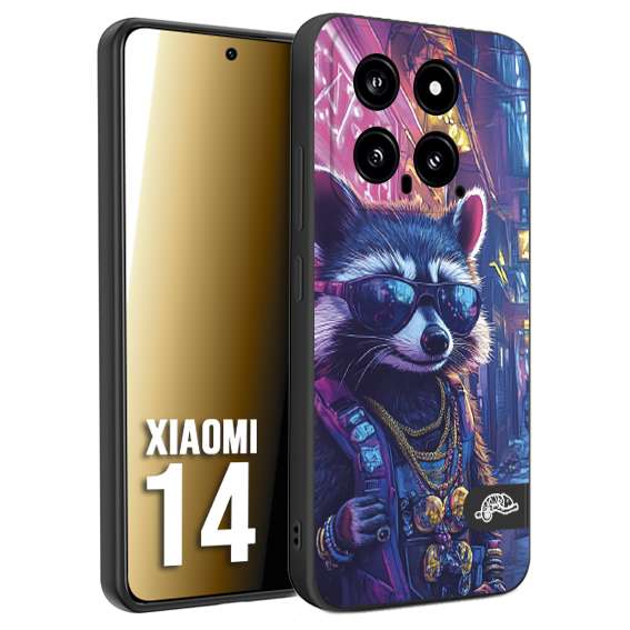 CUSTOMIZZA - Custodia cover nera morbida in tpu compatibile per Xiaomi 14 animali simpatici cyberpunk procione racoon street cat fucsia blu giallo