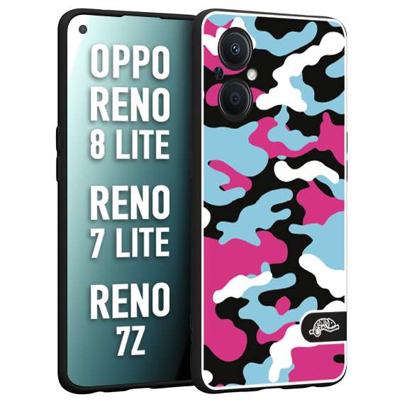 CUSTOMIZZA - Custodia cover nera morbida in tpu compatibile per Oppo Reno 7 Lite - 8 Lite - 7Z camouflage mimetico militare fucsia celeste