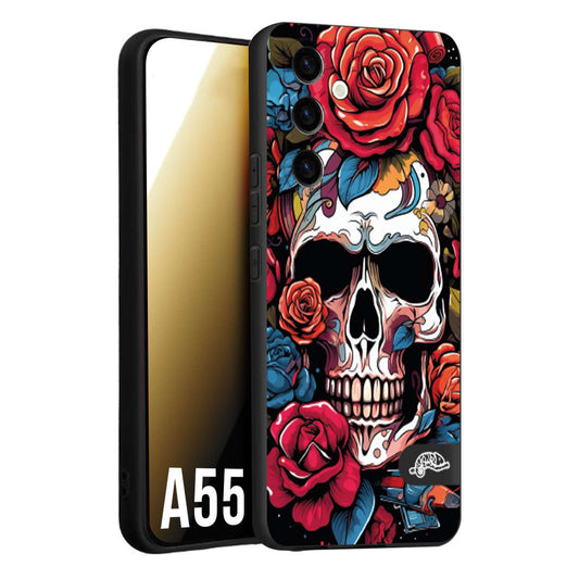 CUSTOMIZZA - Custodia cover nera morbida in tpu compatibile per Samsung A55 5G teschio skull flowers fiori rose rosse tattoo disegnato