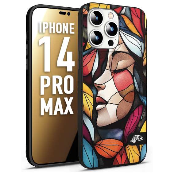 CUSTOMIZZA - Custodia cover nera morbida in tpu compatibile per iPhone 14 PRO MAX Vetrata artistica volto di donna profilo fogliare mosaico di vetro colorato