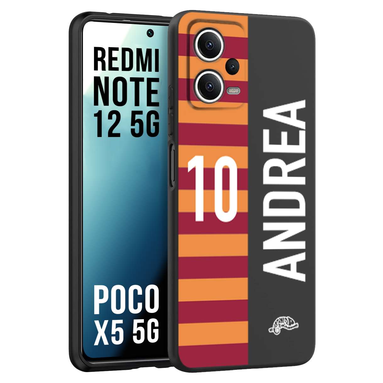 CUSTOMIZZA - Custodia cover nera morbida in tpu compatibile per Xiaomi Redmi Note 12 5G - POCO X5 5G personalizzata calcio football nome e numero calciatori giallo rossi