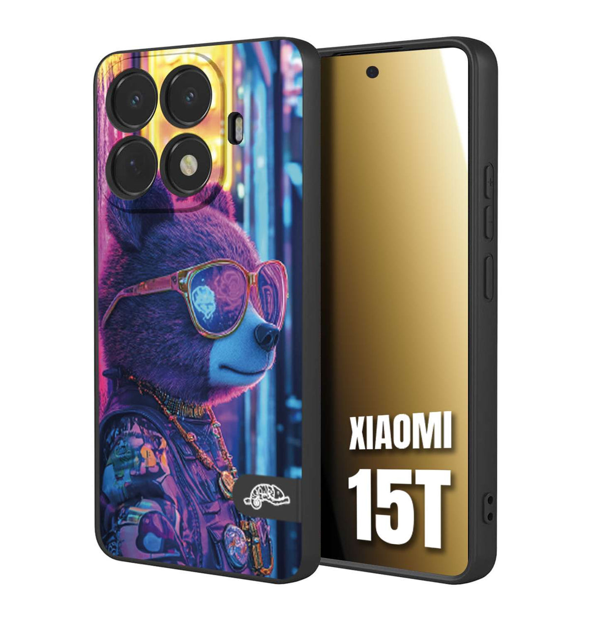 CUSTOMIZZA - Custodia cover nera morbida in tpu compatibile per Xiaomi 15T animali cyberpunk orsetto orso street bear fucsia blu night