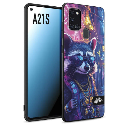 CUSTOMIZZA - Custodia cover nera morbida in tpu compatibile per Samsung A21S animali simpatici cyberpunk procione racoon street cat fucsia blu giallo