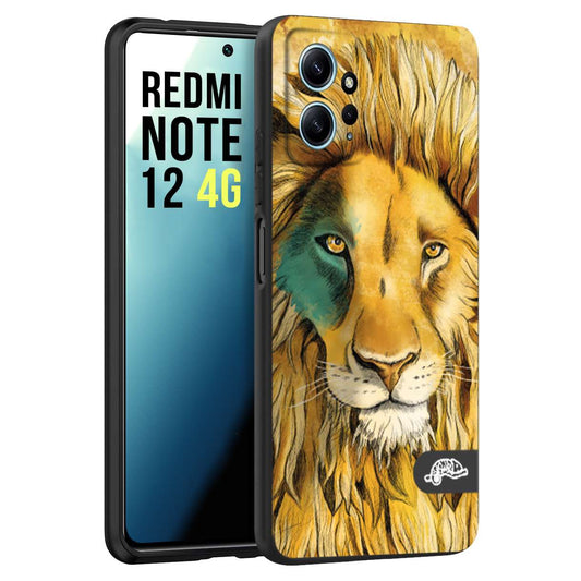 CUSTOMIZZA - Custodia cover nera morbida in tpu compatibile per Xiaomi Redmi Note 12 4G leone lion disegnato a mano giallo blu a rilievo artistico brown