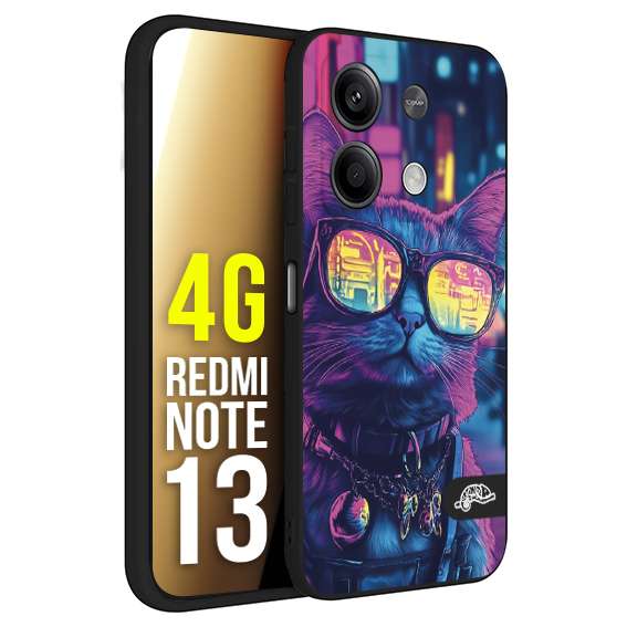 CUSTOMIZZA - Custodia cover nera morbida in tpu compatibile per Xiaomi Redmi Note 13 4G animali cyberpunk gatto street cat fucsia blu giallo