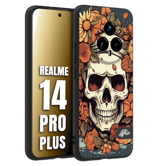CUSTOMIZZA - Custodia cover nera morbida in tpu compatibile per Realme 14 PRO PLUS teschio skull flowers fiori tattoo disegnato alta definizione
