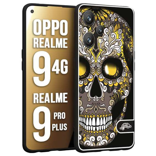 CUSTOMIZZA - Custodia cover nera morbida in tpu compatibile per Realme 9 4G - 9 PRO PLUS teschio messicano Mexican skull nero giallo