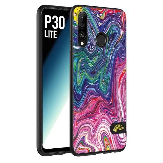 CUSTOMIZZA - Custodia cover nera morbida in tpu compatibile per Huawei P30 LITE colorata fantasia vortice marmo arcobaleno rosa blu fucsia