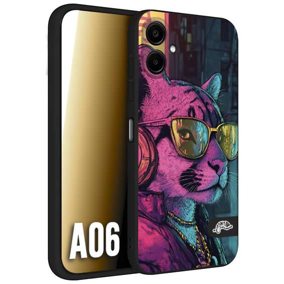 CUSTOMIZZA - Custodia cover nera morbida in tpu compatibile per Samsung A06 animali cyberpunk pantera street cat fucsia blu giallo