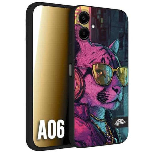 CUSTOMIZZA - Custodia cover nera morbida in tpu compatibile per Samsung A06 animali cyberpunk pantera street cat fucsia blu giallo