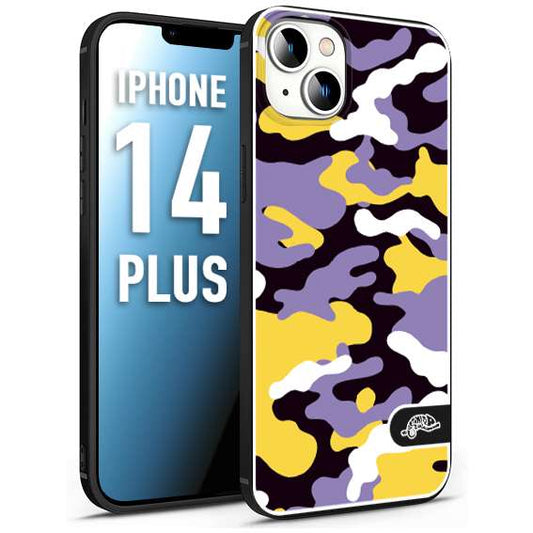 CUSTOMIZZA - Custodia cover nera morbida in tpu compatibile per iPhone 14 PLUS camouflage mimetico militare viola lilla giallo