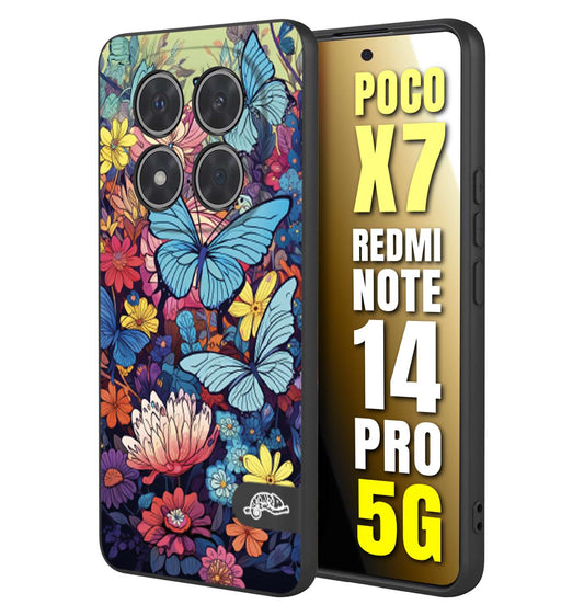 CUSTOMIZZA - Custodia cover nera morbida in tpu compatibile per Xiaomi Redmi Note 14 PRO 5G farfalle butterfly moderno donna disegnate gialla blu rosa