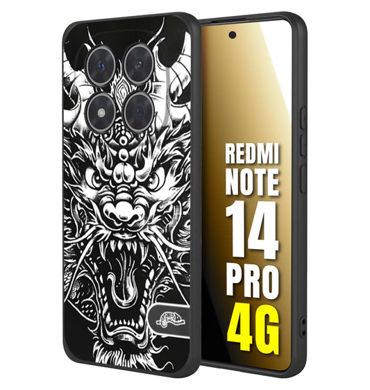 CUSTOMIZZA - Custodia cover nera morbida in tpu compatibile per Xiaomi Redmi Note 14 PRO 4G drago black and white bianco a rilievo disegnato tattoo tatuaggio