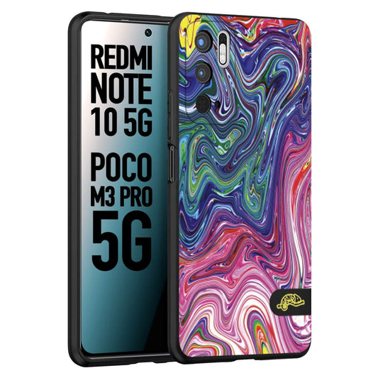 CUSTOMIZZA - Custodia cover nera morbida in tpu compatibile per Xiaomi Redmi Note 10 5G - Poco M3 Pro 5G colorata fantasia vortice marmo arcobaleno rosa blu fucsia