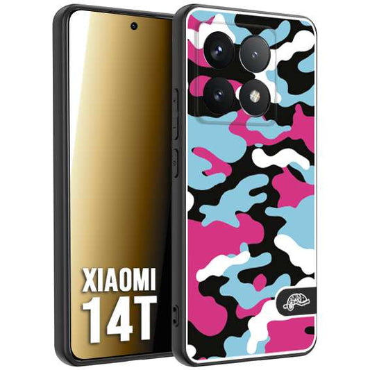 CUSTOMIZZA - Custodia cover nera morbida in tpu compatibile per Xiaomi 14T camouflage mimetico militare fucsia celeste