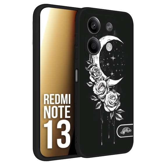 CUSTOMIZZA - Custodia cover nera morbida in tpu compatibile per Xiaomi Redmi Note 13 luna e fiori moon flowers black and white bianco a rilievo disegnato tattoo tatuaggio