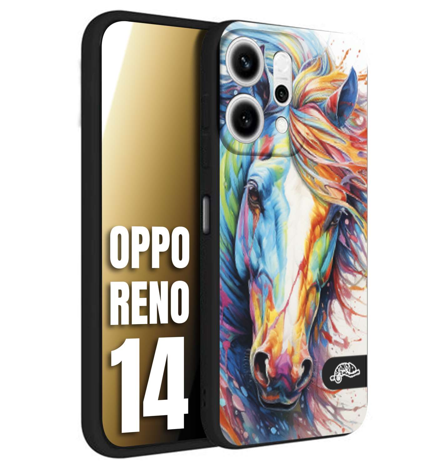 CUSTOMIZZA - Custodia cover nera morbida in tpu compatibile per Oppo Reno 14 animali color cavallo horse viso colori vibranti disegnato schizzo
