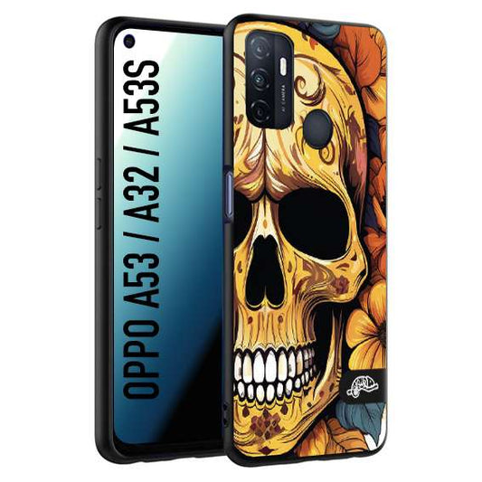 CUSTOMIZZA - Custodia cover nera morbida in tpu compatibile per Oppo A53 - A32 - A53S teschio messicano colorato dorato fiori autunnali disegnato