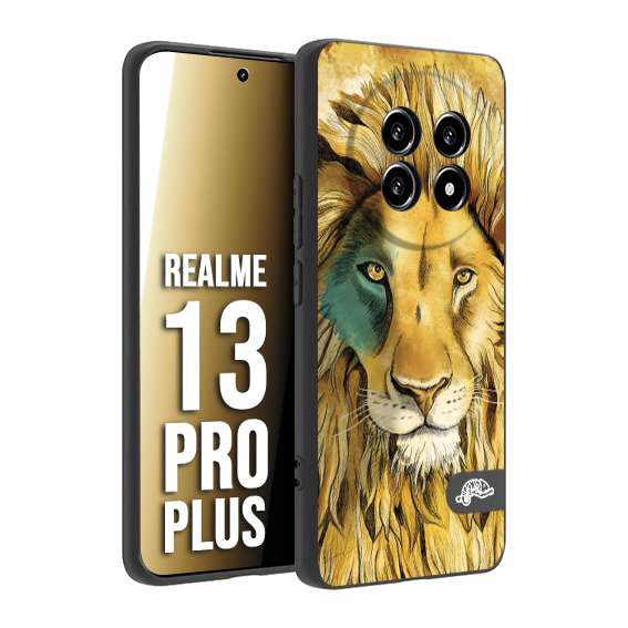 CUSTOMIZZA - Custodia cover nera morbida in tpu compatibile per Realme 13 PRO PLUS leone lion disegnato a mano giallo blu a rilievo artistico brown
