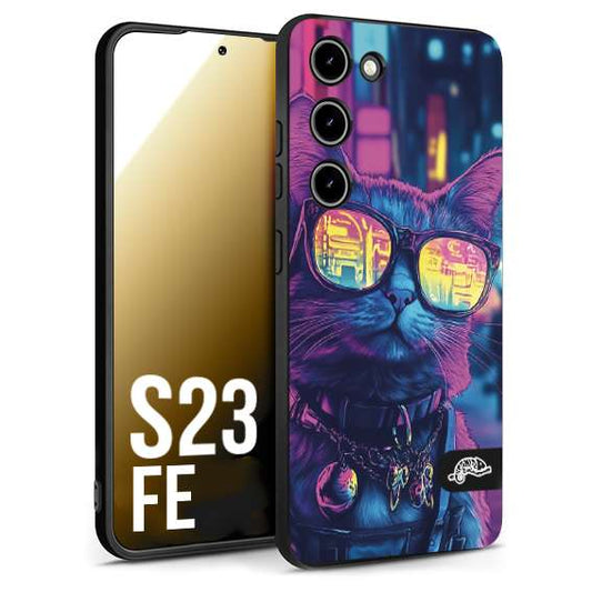 CUSTOMIZZA - Custodia cover nera morbida in tpu compatibile per Samsung S23 FE animali cyberpunk gatto street cat fucsia blu giallo