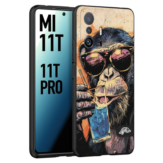 CUSTOMIZZA - Custodia cover nera morbida in tpu compatibile per Xiaomi Mi 11T - Mi 11T PRO estate disegnata cocktails animali simpatici scimmia monkey negroni
