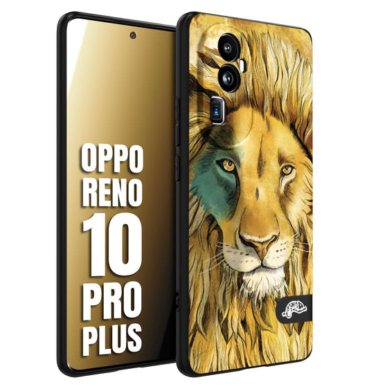 CUSTOMIZZA - Custodia cover nera morbida in tpu compatibile per Oppo Reno 10 PRO PLUS leone lion disegnato a mano giallo blu a rilievo artistico brown