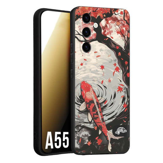 CUSTOMIZZA - Custodia cover nera morbida in tpu compatibile per Samsung A55 5G giapponese lago carpa koi rossa con foglie d'acero rosso disegnata tattoo