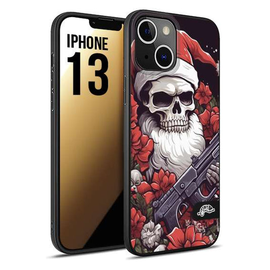 CUSTOMIZZA - Custodia cover nera morbida in tpu compatibile per iPhone 13 teschio natale santa claus fiori tattoo disegnato