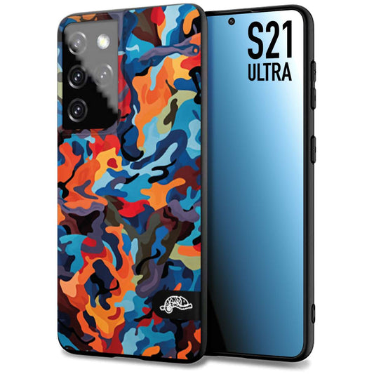 CUSTOMIZZA - Custodia cover nera morbida in tpu compatibile per Samsung S21 ULTRA camouflage mimetico militare moderno blu arancio rosso