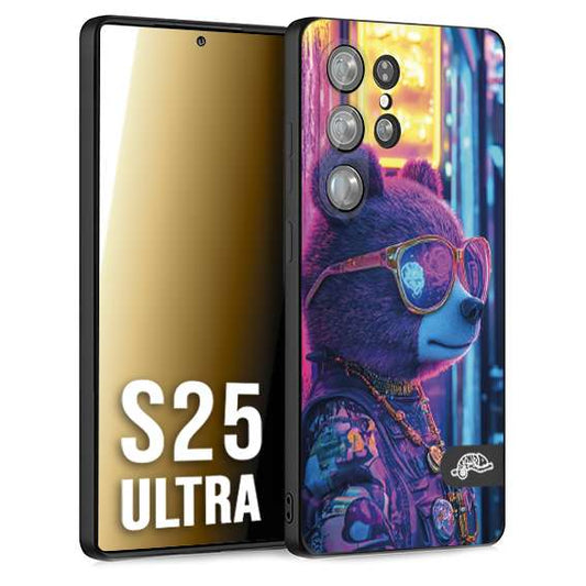 CUSTOMIZZA - Custodia cover nera morbida in tpu compatibile per Samsung S25 ULTRA animali cyberpunk orsetto orso street bear fucsia blu night