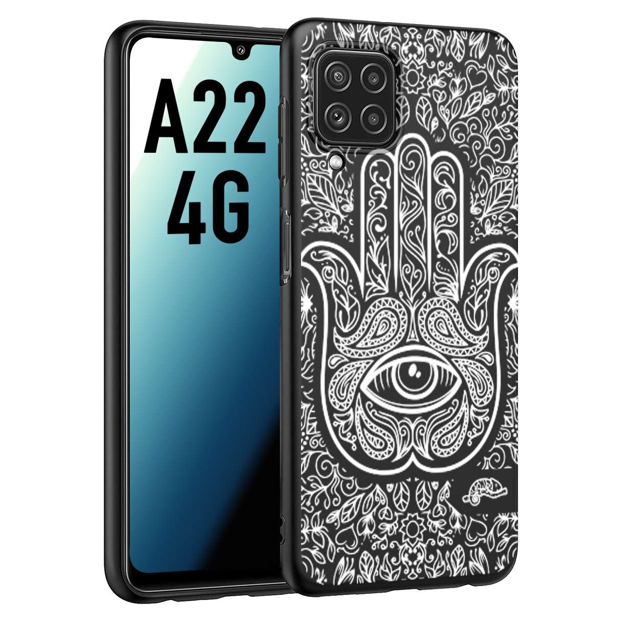 CUSTOMIZZA - Custodia cover nera morbida in tpu compatibile per Samsung A22 4G mano di fatima effetto rilievo mandala donna