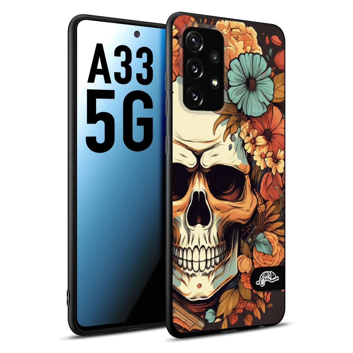 CUSTOMIZZA - Custodia cover nera morbida in tpu compatibile per Samsung A33 5G teschio skull flowers fiori autunnali arancio celeste tattoo