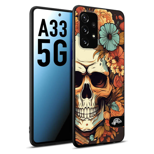 CUSTOMIZZA - Custodia cover nera morbida in tpu compatibile per Samsung A33 5G teschio skull flowers fiori autunnali arancio celeste tattoo