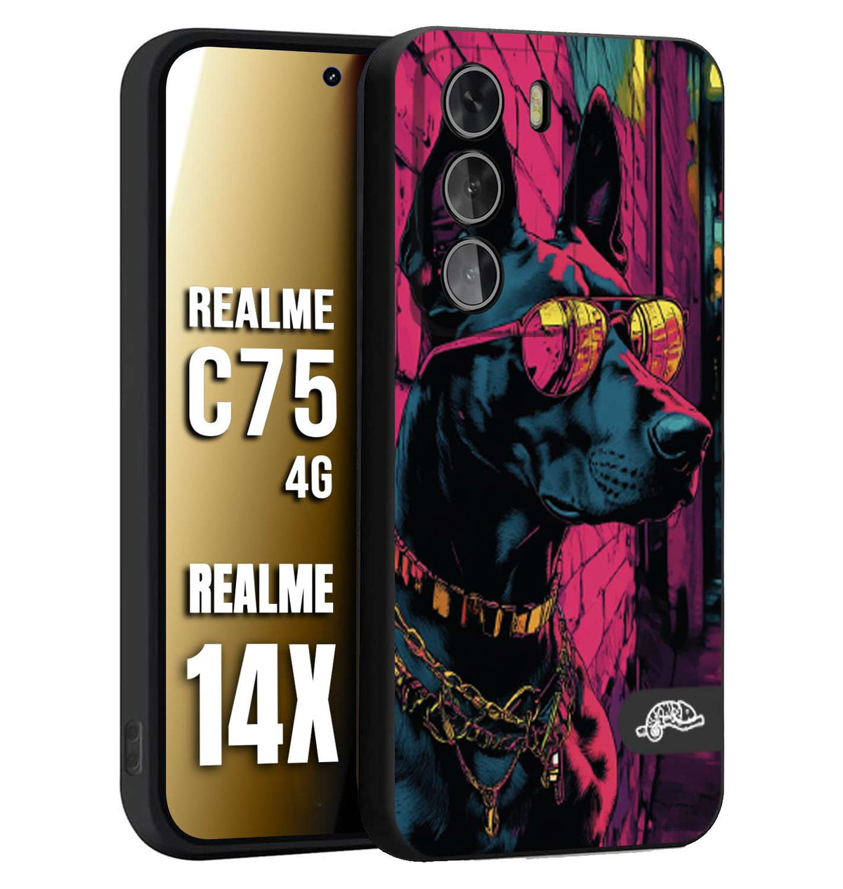 CUSTOMIZZA - Custodia cover nera morbida in tpu compatibile per Realme 14X - C75 4G animali cyberpunk dobermann cane street dog fucsia blu