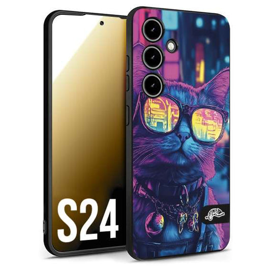 CUSTOMIZZA - Custodia cover nera morbida in tpu compatibile per Samsung S24 animali cyberpunk gatto street cat fucsia blu giallo