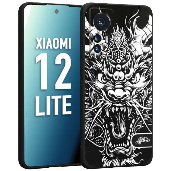 CUSTOMIZZA - Custodia cover nera morbida in tpu compatibile per Xiaomi 12 LITE drago black and white bianco a rilievo disegnato tattoo tatuaggio