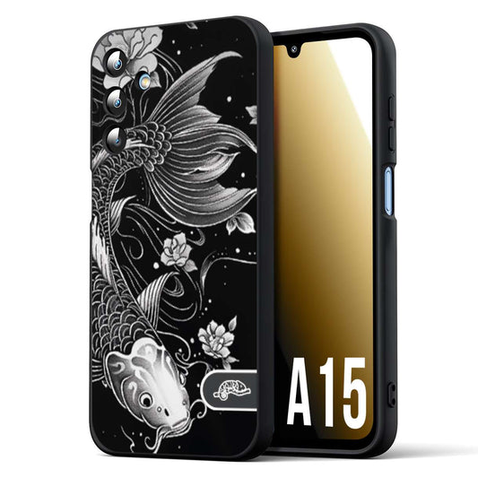 CUSTOMIZZA - Custodia cover nera morbida in tpu compatibile per Samsung A15 5G carpa koi black and white bianco a rilievo disegnato tattoo tatuaggio
