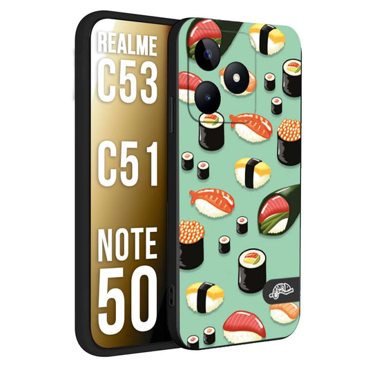 CUSTOMIZZA - Custodia cover nera morbida in tpu compatibile per Oppo Realme C53 - C51 - NOTE 50 sushi disegni giapponese nighiri acquamarina verde