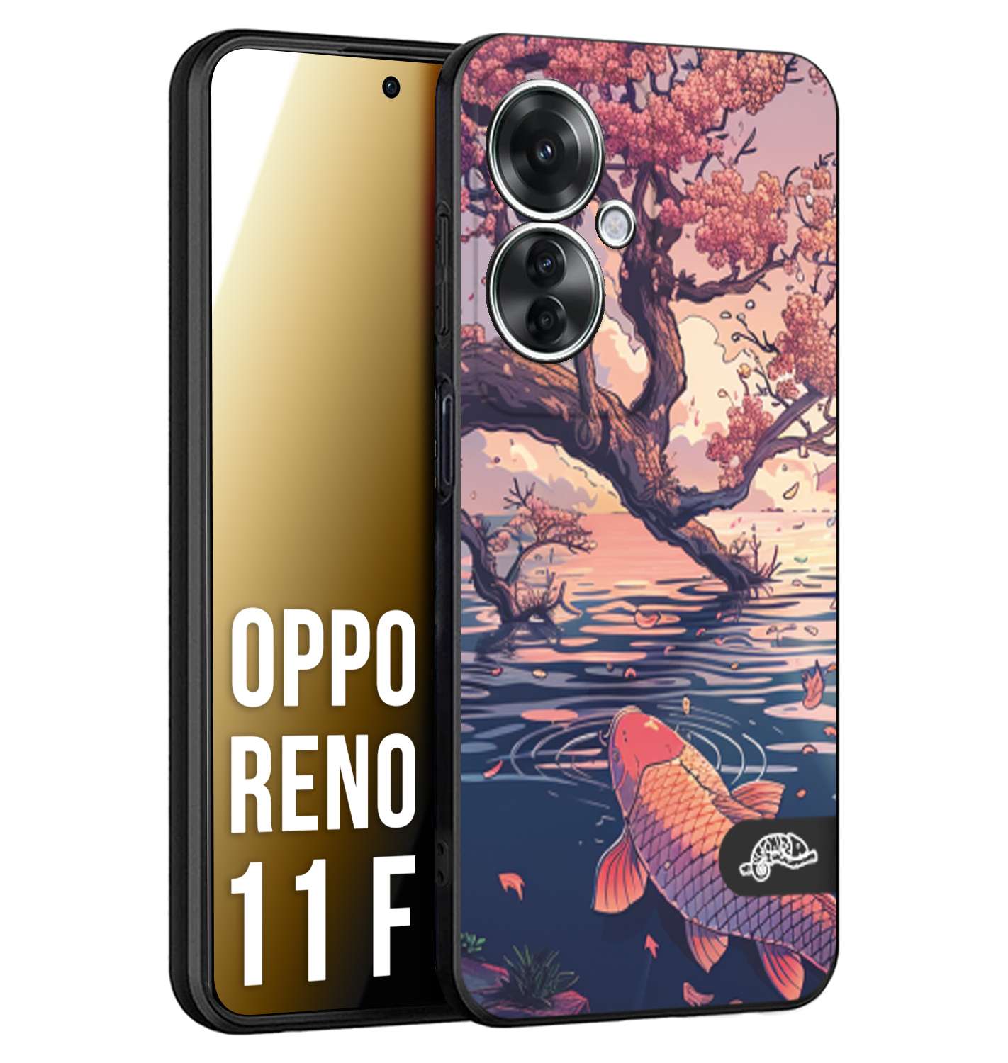 CUSTOMIZZA - Custodia cover nera morbida in tpu compatibile per Oppo Reno 11 F 5G giapponese lago carpa koi rosa con foglie d'acero disegnata tattoo