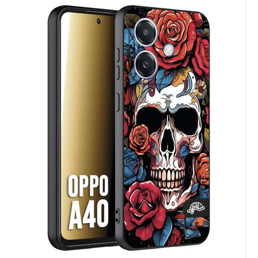 CUSTOMIZZA - Custodia cover nera morbida in tpu compatibile per Oppo A40 teschio skull flowers fiori rose rosse tattoo disegnato