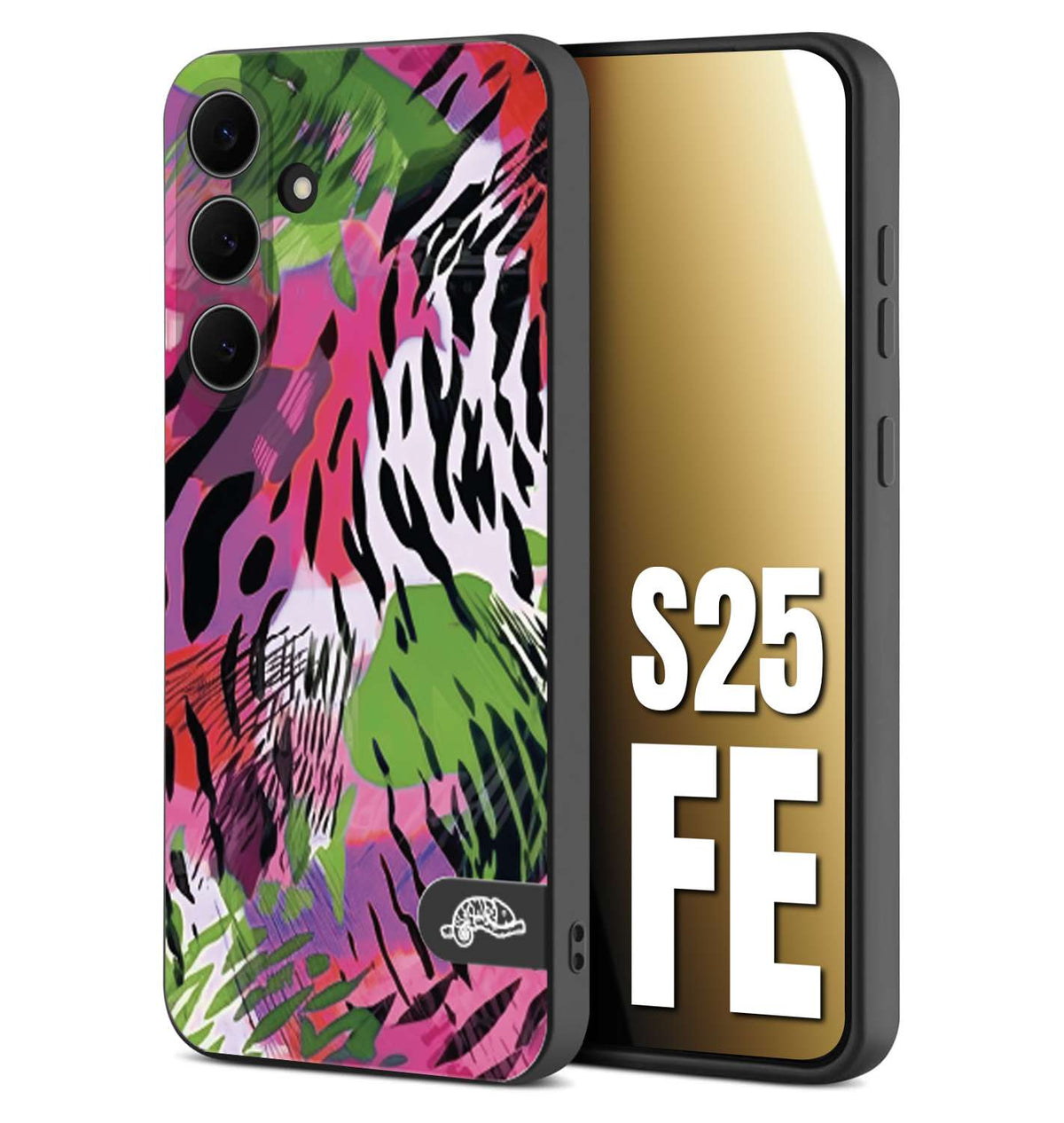 CUSTOMIZZA - Custodia cover nera morbida in tpu compatibile per Samsung S25 FE leopardato tigrato tiger colorata summer color verde fucsia