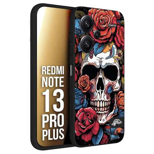 CUSTOMIZZA - Custodia cover nera morbida in tpu compatibile per Xiaomi Redmi Note 13 PRO PLUS teschio skull flowers fiori rose rosse tattoo disegnato