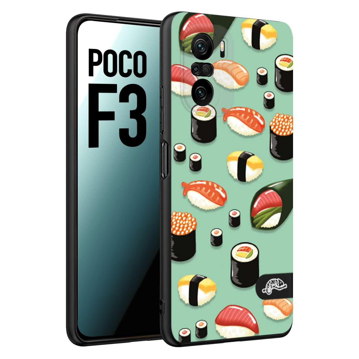 CUSTOMIZZA - Custodia cover nera morbida in tpu compatibile per Xiaomi Poco F3 sushi disegni giapponese nighiri acquamarina verde