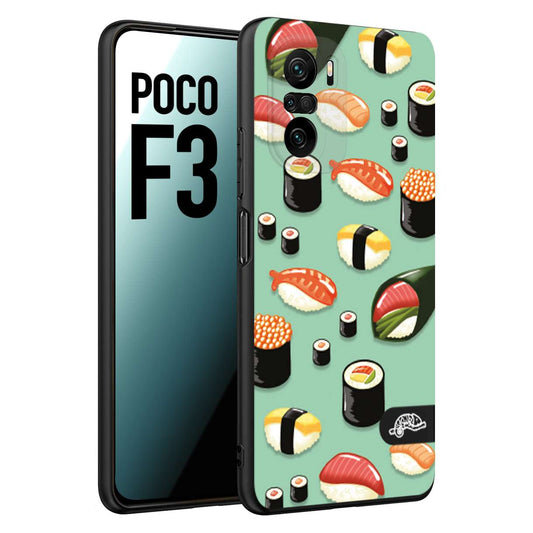 CUSTOMIZZA - Custodia cover nera morbida in tpu compatibile per Xiaomi Poco F3 sushi disegni giapponese nighiri acquamarina verde