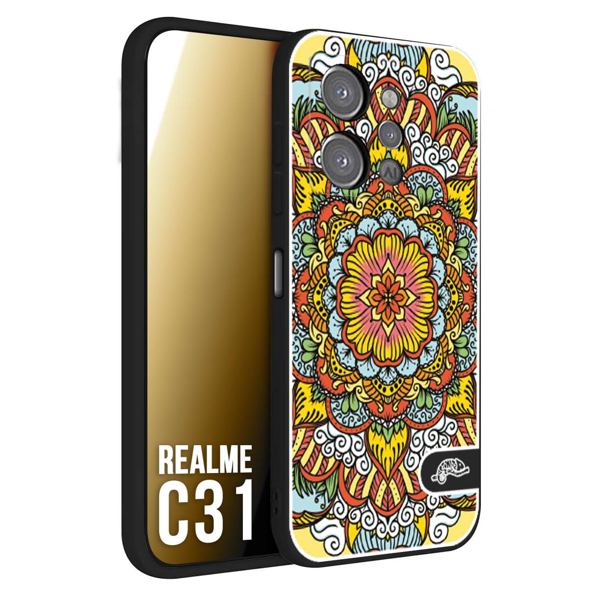 CUSTOMIZZA - Custodia cover nera morbida in tpu compatibile per Oppo Realme C31 mandala colorato fiore nuvole arancione