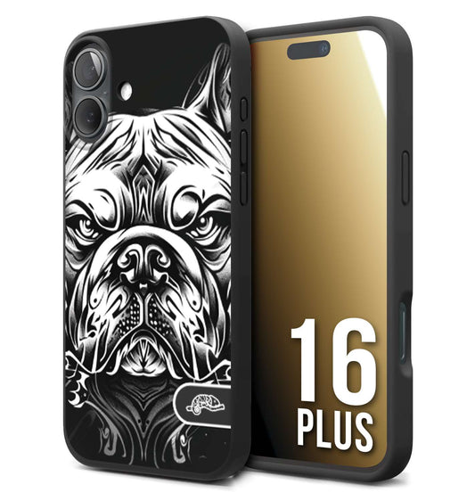 CUSTOMIZZA - Custodia cover nera morbida in tpu compatibile per iPhone 16 PLUS bulldog bianco a rilievo disegnato tattoo tatuaggio