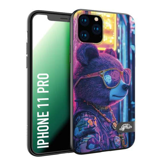 CUSTOMIZZA - Custodia cover nera morbida in tpu compatibile per iPhone 11 PRO animali cyberpunk orsetto orso street bear fucsia blu night