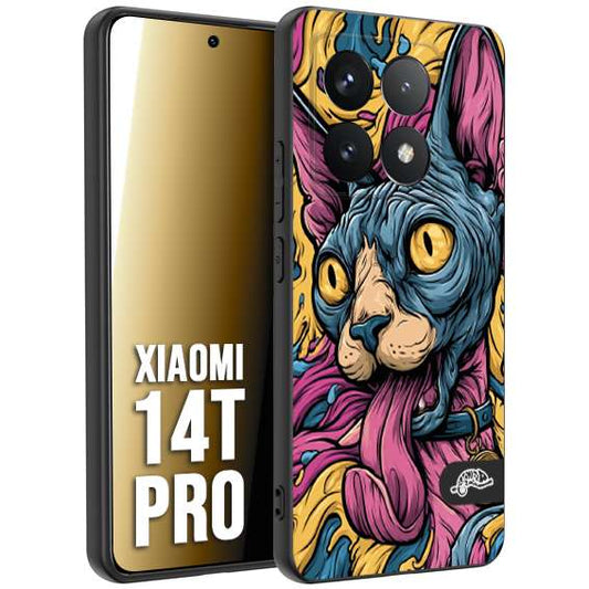CUSTOMIZZA - Custodia cover nera morbida in tpu compatibile per Xiaomi 14T PRO Sphynx Colorato Pop Art Psichedelico Gatto Blu Rosa Giallo Artistica Fantasy