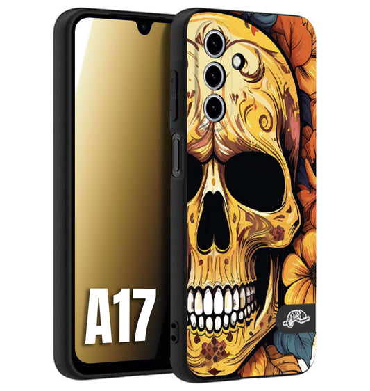 CUSTOMIZZA - Custodia cover nera morbida in tpu compatibile per Samsung A17 teschio messicano colorato dorato fiori autunnali disegnato